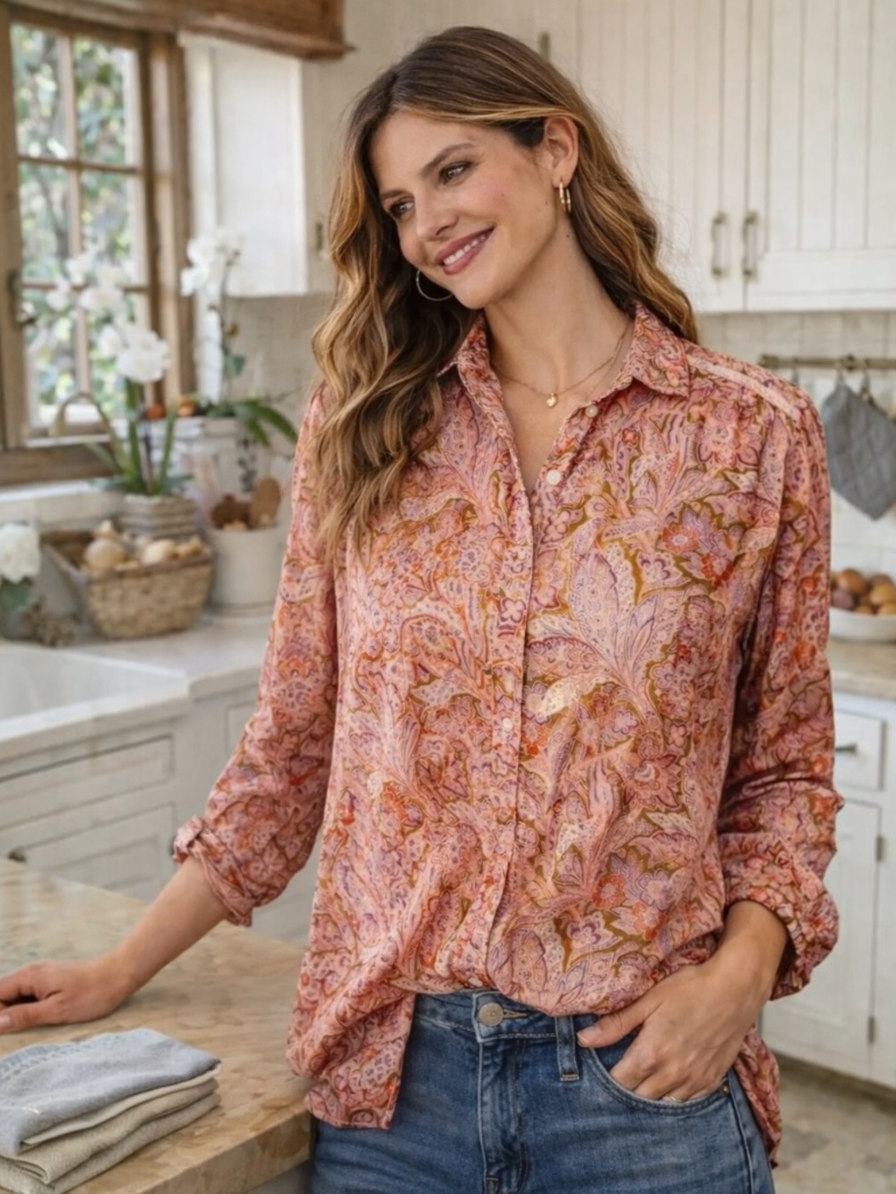 EUC [Sundance] Popover Pink Orange Floral Long Sleeve Collar Shirt Top | Small - Picture 13 of 14